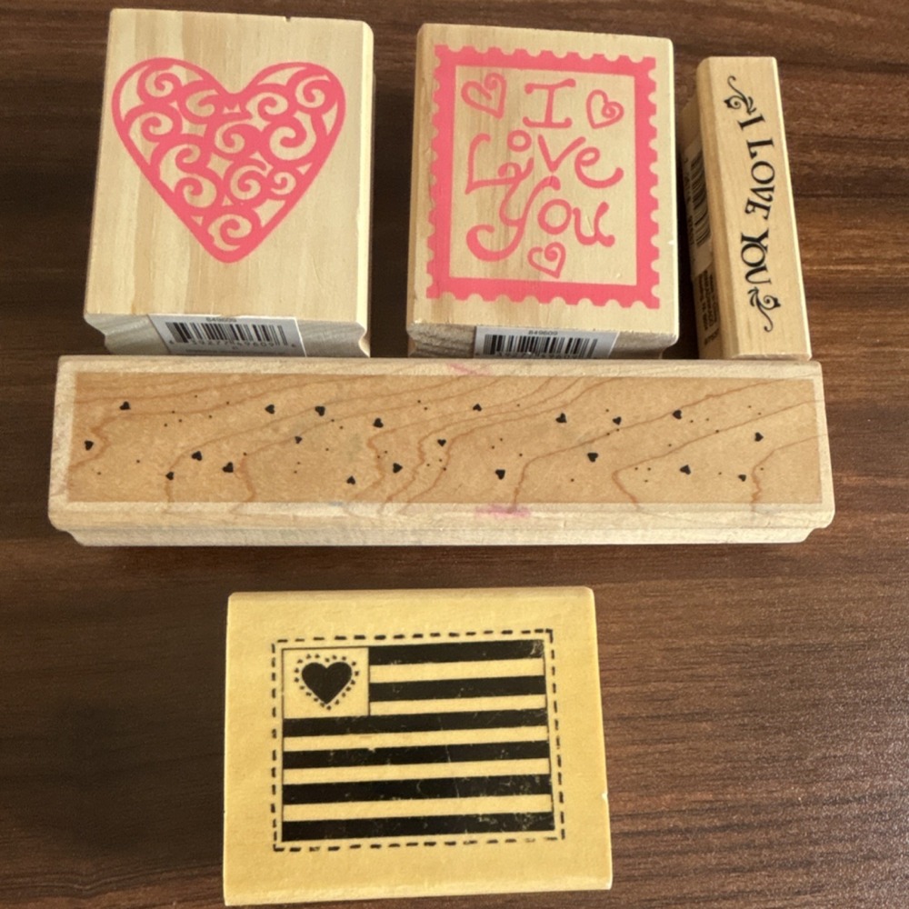 5 Assorted Love Themed Stamps Wood Blocked Not Used Great Condition
